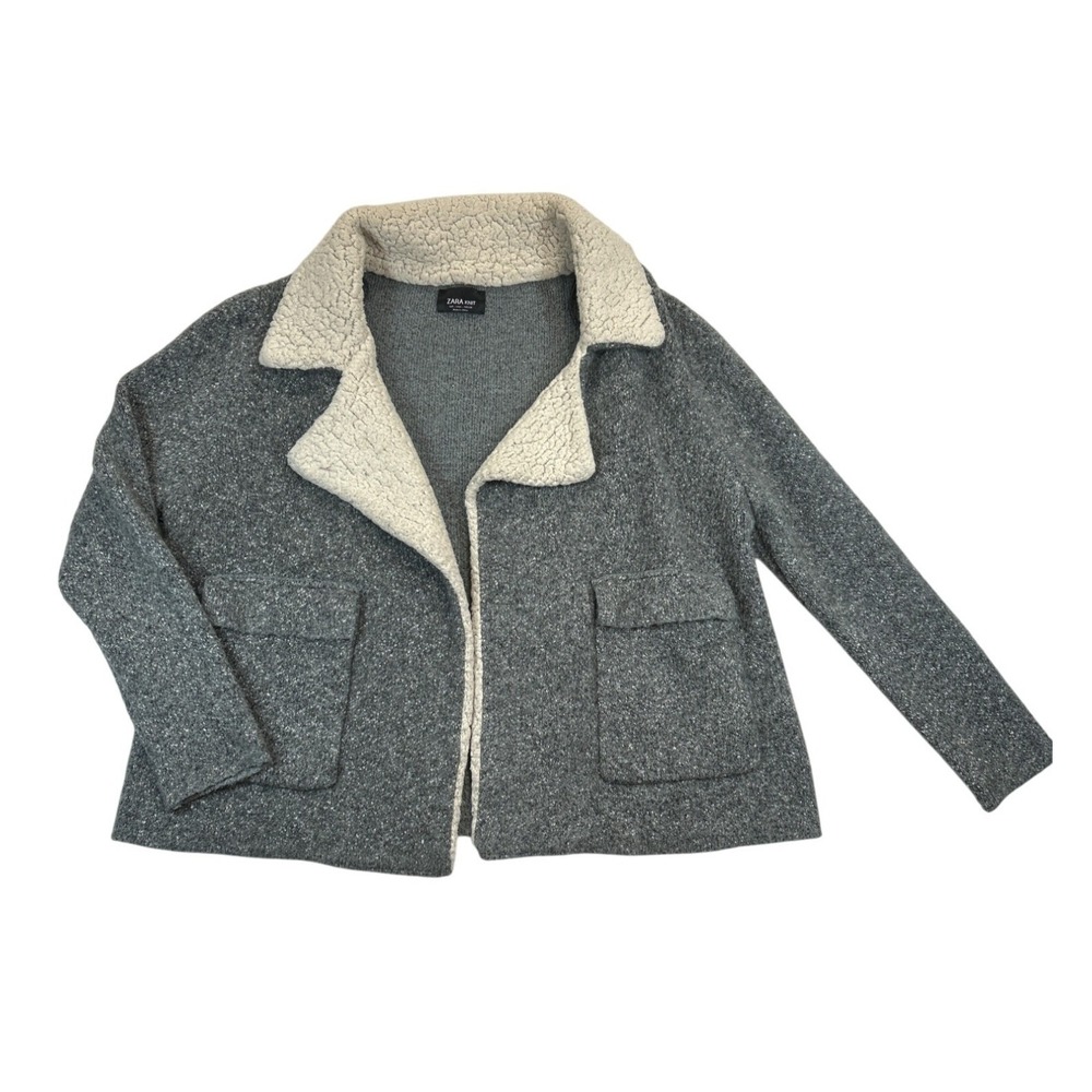 Zara Cardigan Womens Large Gray Knit Sherpa Collar Open Front Jacket Pockets‎